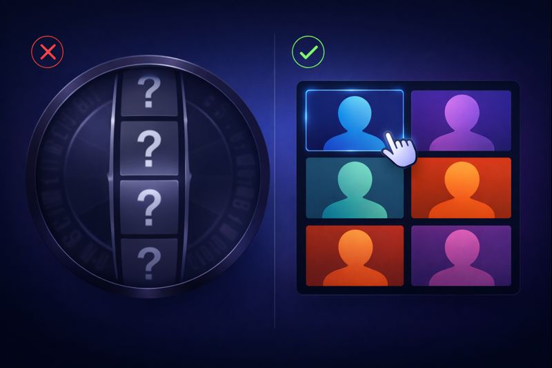 TikaCam vs Chatroulette comparison - choose who to video chat with instead of random matching